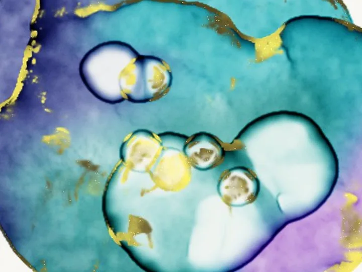Teal and violet alcohol ink with gold veins